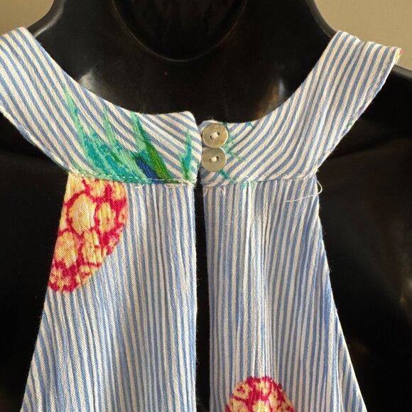 Dress L Pineapple Print Striped Sleeveless Halter Dress Back Button Closure - Picture 3 of 7